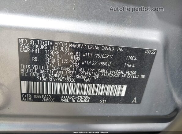 2T3W1RFV7PW258326 2023 TOYOTA RAV4 Silver Vista del compartimento del motor