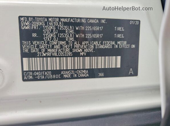 2T3W1RFV8LC053285 2020 TOYOTA RAV4 Белый Вид наклейки с VIN-кодом