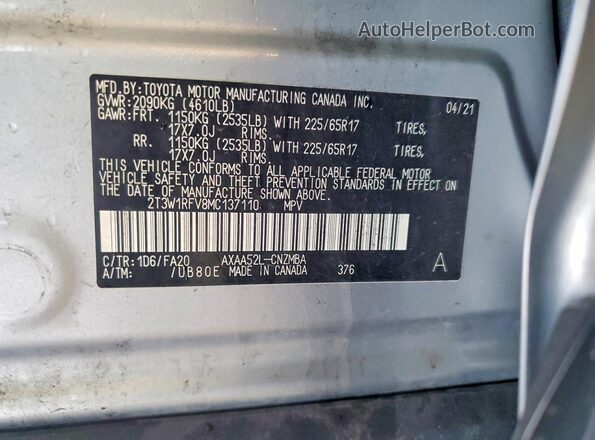 2T3W1RFV8MC137110 2021 TOYOTA RAV4 Silver VIN კოდის სტიკერის ხედი