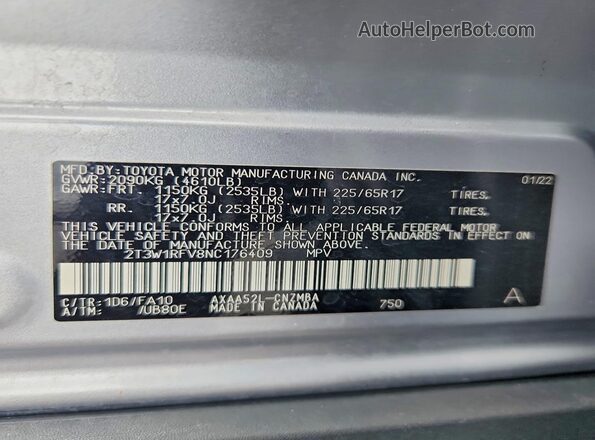 2T3W1RFV8NC176409 2022 TOYOTA RAV4 Серый Панорамный вид салона 360°