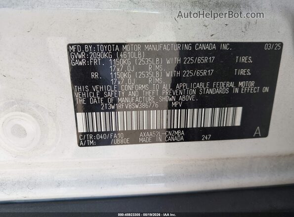 2T3W1RFV8SW386776 2025 TOYOTA RAV4 White Vista del compartimento del motor