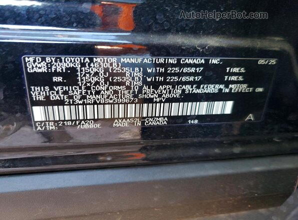 2T3W1RFV8SW399673 2025 TOYOTA RAV4 Black Вид наклейки з VIN-кодом