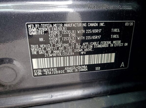 2T3W1RFV9LC058284 2020 TOYOTA RAV4 Серый Вид наклейки с VIN-кодом