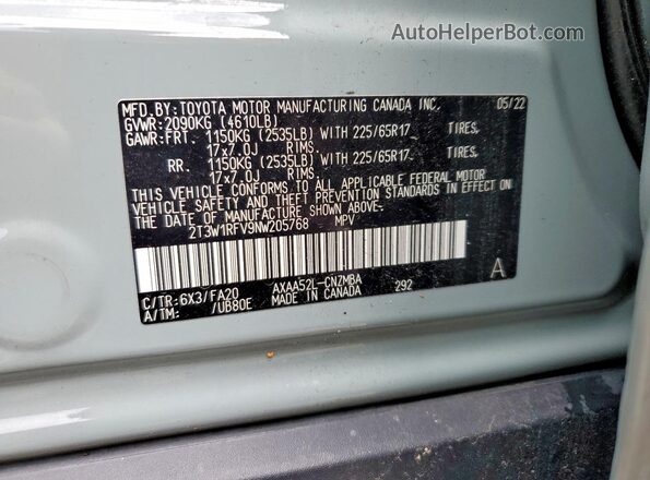 2T3W1RFV9NW205768 2022 TOYOTA RAV4 Серебряный Вид наклейки с VIN-кодом