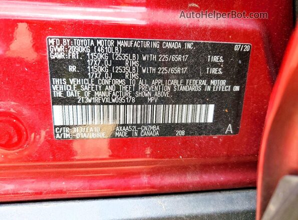 2T3W1RFVXLW095178 2020 TOYOTA RAV4 Red Widok naklejki z numerem VIN