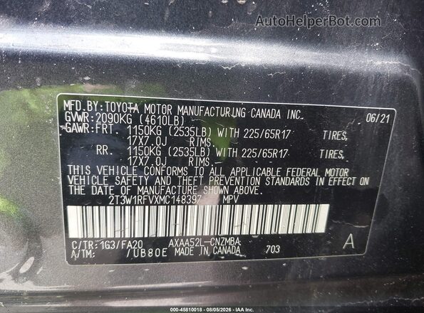 2T3W1RFVXMC148397 2021 TOYOTA RAV4 Gray Շարժիչի բաժամունքի տեսք