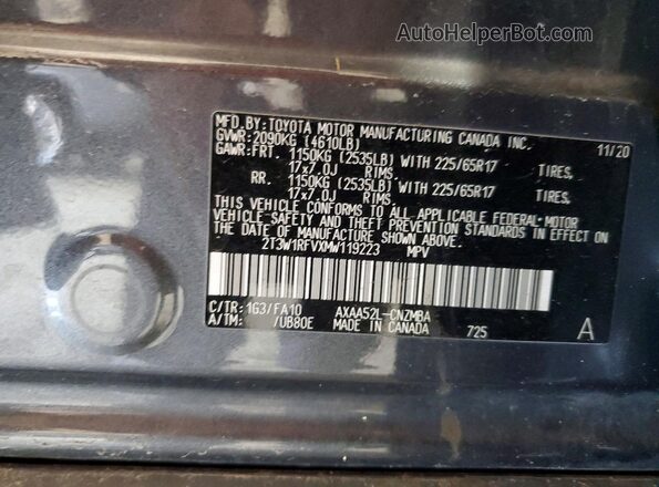2T3W1RFVXMW119223 2021 TOYOTA RAV4 Gray VIN sticker view