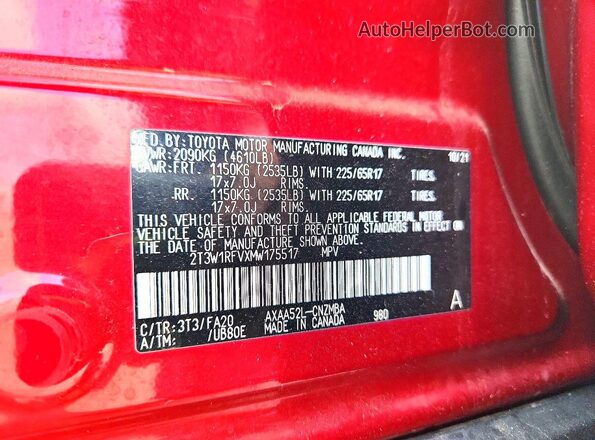 2T3W1RFVXMW175517 2021 TOYOTA RAV4 Red Панорамний вид салону 360°