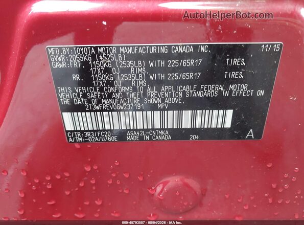 2T3WFREV0GW237191 2016 TOYOTA RAV4 Red ძრავის განყოფილების ხედი