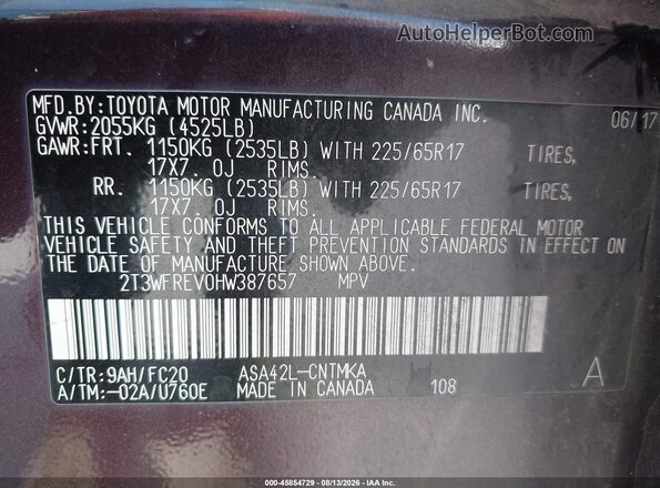 2T3WFREV0HW387657 2017 TOYOTA RAV4 Purple ძრავის განყოფილების ხედი
