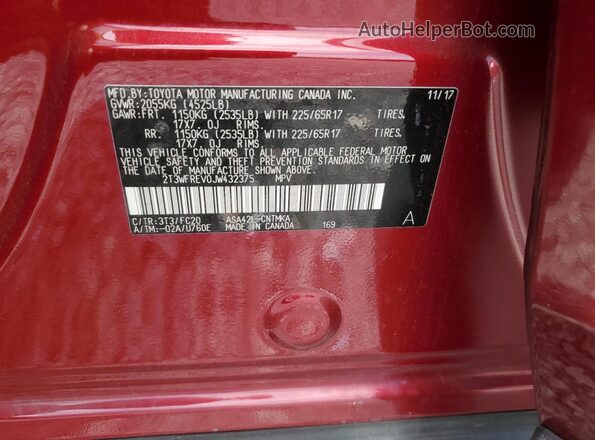 2T3WFREV0JW432375 2018 TOYOTA RAV4 Burgundy Widok komory silnika