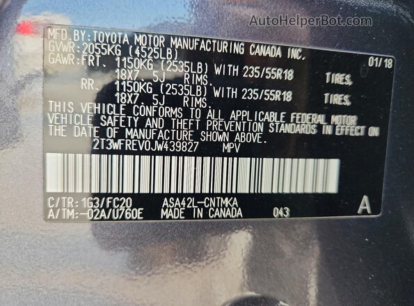 2T3WFREV0JW439827 2018 TOYOTA RAV4 Charcoal Շարժիչի բաժամունքի տեսք