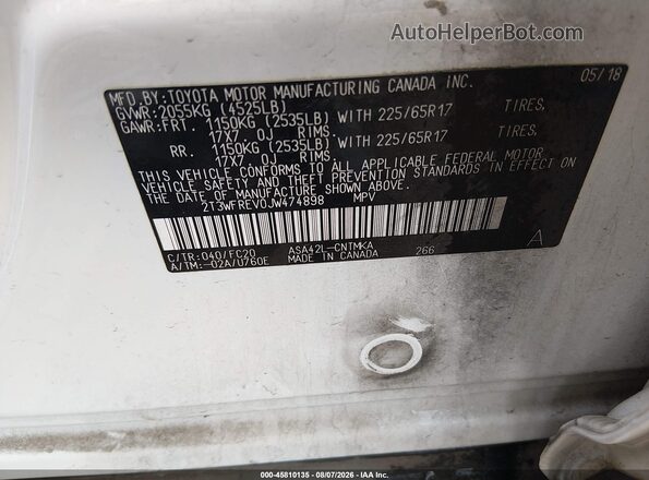 2T3WFREV0JW474898 2018 TOYOTA RAV4 White ძრავის განყოფილების ხედი