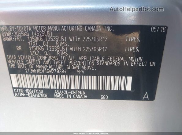 2T3WFREV1GW279384 2016 TOYOTA RAV4 Серый Вид подкапотного пространства