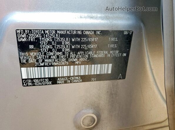 2T3WFREV1HW403879 2017 TOYOTA RAV4 Серебряный Вид наклейки с VIN-кодом