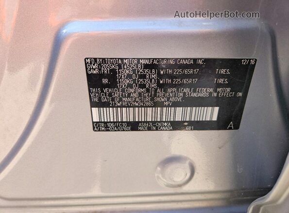 2T3WFREV2HW342865 2017 TOYOTA RAV4 Silver VIN կոդի պիտակի տեսք