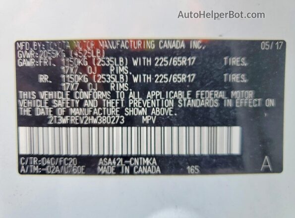2T3WFREV2HW380273 2017 TOYOTA RAV4 White 360 interior view