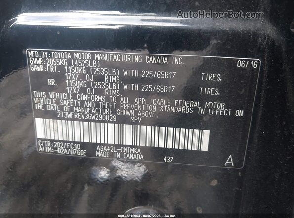 2T3WFREV3GW290029 2016 TOYOTA RAV4 Black Вид підкапотного простору