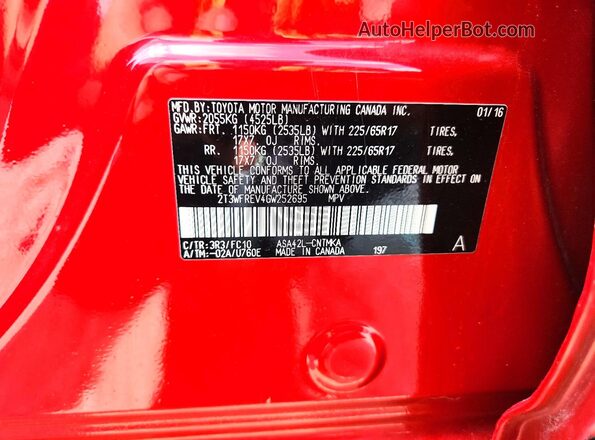 2T3WFREV4GW252695 2016 TOYOTA RAV4 Red VIN կոդի պիտակի տեսք