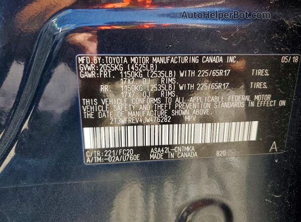 2T3WFREV4JW476282 2018 TOYOTA RAV4 Black Vista de la etiqueta del VIN