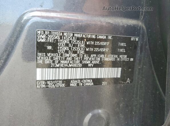 2T3WFREV4JW488299 2018 TOYOTA RAV4 Gray VIN կոդի պիտակի տեսք