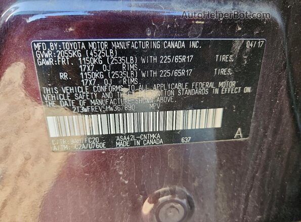2T3WFREV5HW367890 2017 TOYOTA RAV4 Purple Շարժիչի բաժամունքի տեսք