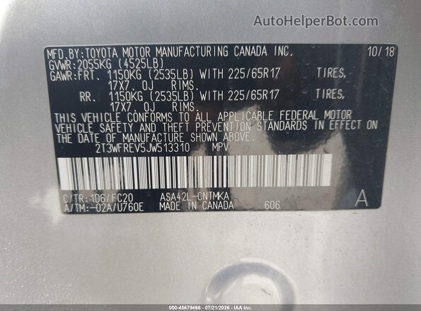 2T3WFREV5JW513310 2018 TOYOTA RAV4 Silver Շարժիչի բաժամունքի տեսք