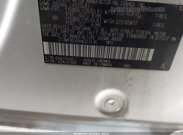 2T3WFREV6HW321436 2017 TOYOTA RAV4 White Vista del compartimento del motor