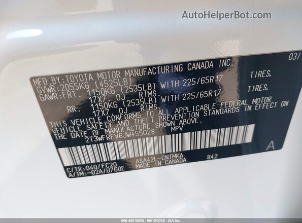 2T3WFREV6JW455028 2018 TOYOTA RAV4 White Vista del compartimento del motor