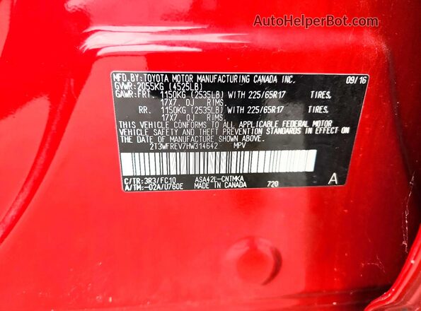 2T3WFREV7HW314642 2017 TOYOTA RAV4 Red VIN sticker view