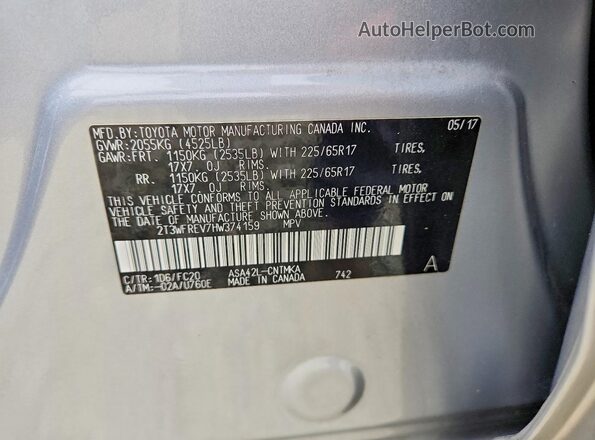2T3WFREV7HW374159 2017 TOYOTA RAV4 Silver Панорамний вид салону 360°