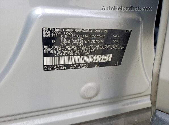 2T3WFREV7JW433216 2018 TOYOTA RAV4 Серебряный Вид наклейки с VIN-кодом