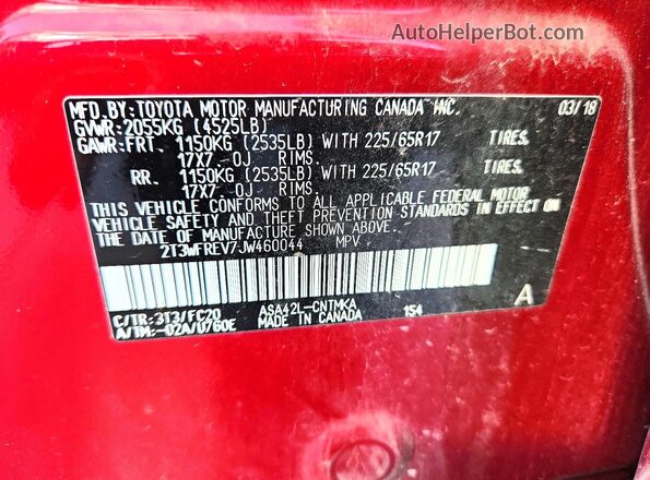 2T3WFREV7JW460044 2018 TOYOTA RAV4 Red VIN sticker view