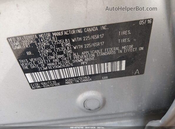 2T3WFREV9GW283876 2016 TOYOTA RAV4 Silver Vista del compartimento del motor