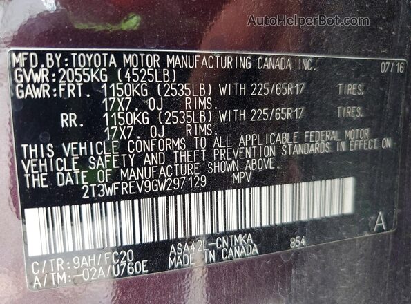 2T3WFREV9GW297129 2016 TOYOTA RAV4 Purple Widok naklejki z numerem VIN