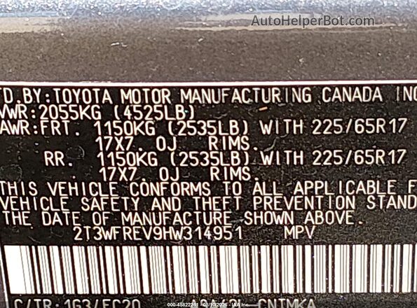 2T3WFREV9HW314951 2017 TOYOTA RAV4 Gray Widok komory silnika