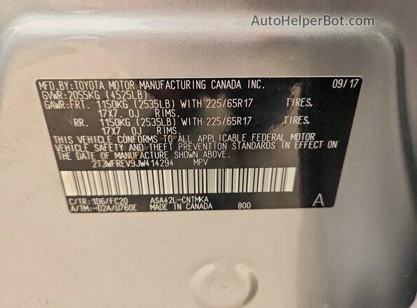 2T3WFREV9JW414294 2018 TOYOTA RAV4 Silver Vista de la etiqueta del VIN