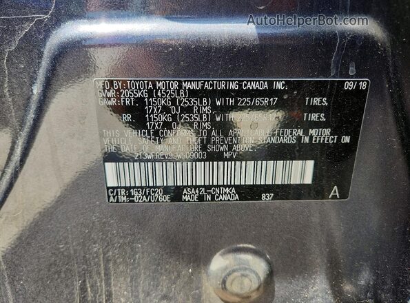 2T3WFREV9JW509003 2018 TOYOTA RAV4 Gray VIN կոդի պիտակի տեսք