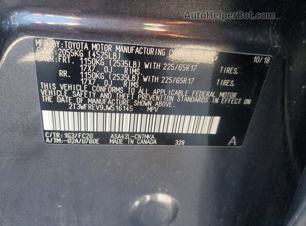 2T3WFREV9JW516145 2018 TOYOTA RAV4 Gray VIN sticker view