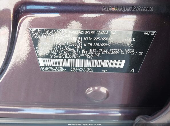 2T3WFREVXGW293400 2016 TOYOTA RAV4 Burgundy ძრავის განყოფილების ხედი