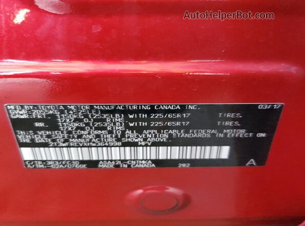 2T3WFREVXHW364998 2017 TOYOTA RAV4 Red Widok komory silnika