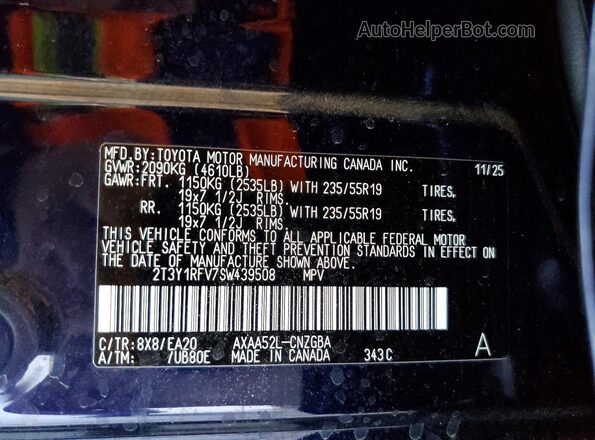 2T3Y1RFV7SW439508 2025 TOYOTA RAV4 Blue Widok wnętrza 360 stopni