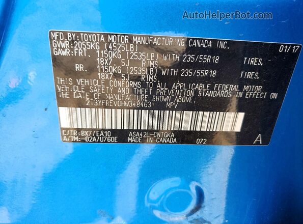 2T3YFREV0HW348463 2017 TOYOTA RAV4 Blue VIN կոդի պիտակի տեսք