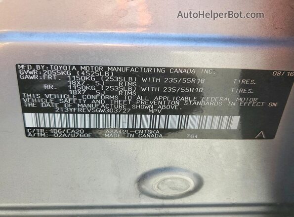 2T3YFREV5GW303727 2016 TOYOTA RAV4 Silver სალონის 360-გრადუსიანი ხედი