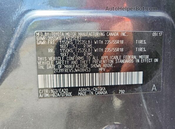 2T3YFREV5JW408453 2018 TOYOTA RAV4 Gray VIN კოდის სტიკერის ხედი