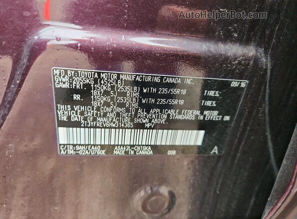 2T3YFREV6HW314365 2017 TOYOTA RAV4 Maroon Շարժիչի բաժամունքի տեսք