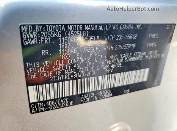 2T3YFREV8HW322600 2017 TOYOTA RAV4 Silver VIN կոդի պիտակի տեսք