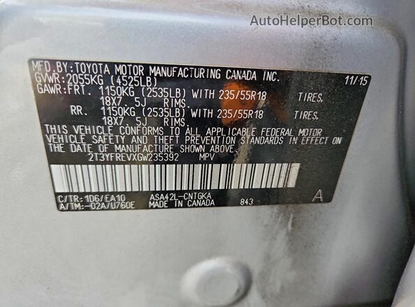 2T3YFREVXGW235392 2016 TOYOTA RAV4 Серебряный Вид подкапотного пространства