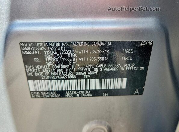 2T3YFREVXGW278985 2016 TOYOTA RAV4 Silver VIN sticker view