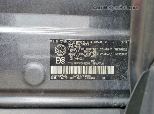 2T3Z1RFV5KC016206 2019 TOYOTA RAV4 Gray VIN sticker view